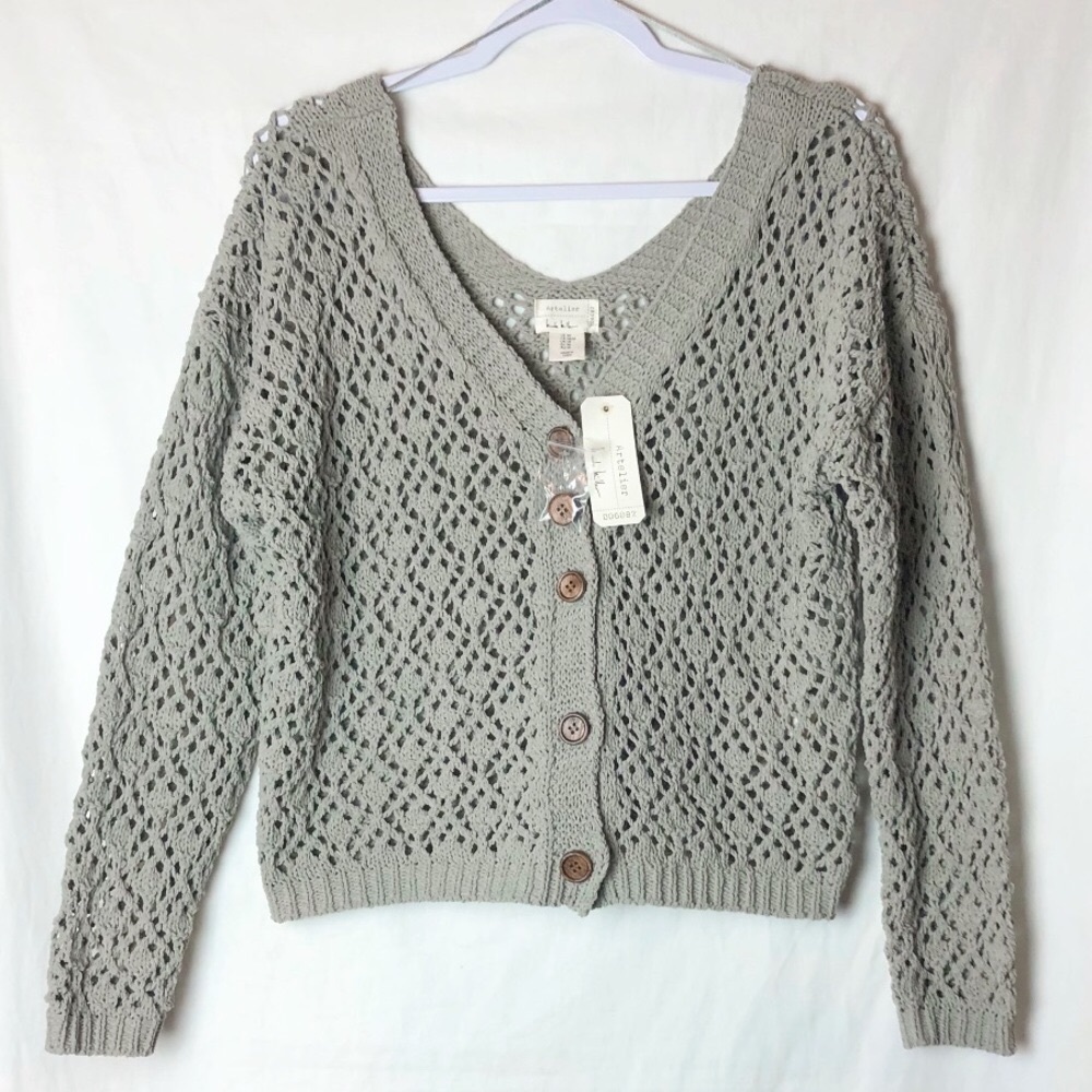NWT! Nicole Miller Artelier Crochet Knit Button Front Taupe M Cardigan Boho Chic